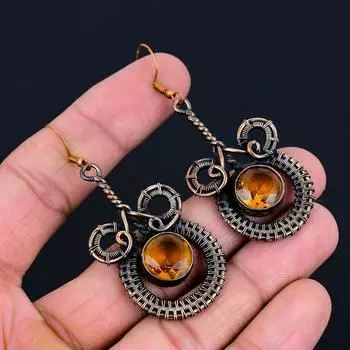 Медовый топаз, драгоценный камень, серьги ручной работы из чистой медной проволоки, ювелирные изделия для женщин 2.56 Inches жёлтый