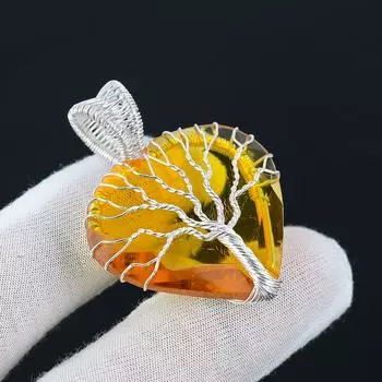 Медовый топаз Древо жизни Кулон из стерлингового серебра 925 пробы Подвеска в проволочной обертке Медовый топаз Драгоценный камень Серебряный кулон ручной работы Ожерелье для подарка 2.36