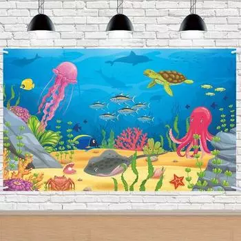 Медуза Осьминог Черепаха Животное Вечеринка Фон Полиэстер Вечеринка Подвесной Баннер Фотобудка Ocean
