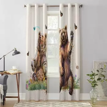 Медведь Бабочка Луг Оконные Шторы для Гостиной Роскошные Занавески Для Спальни Кухонные Жалюзи Портьеры Шторы 135W x 60H(cm) x1