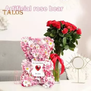Медведь из роз для женщин. Искусственный медведь из роз на День святого Валентина с коробкой. Розовый медведь из роз на годовщину, день рождения, романтический подарок для нее. розовый