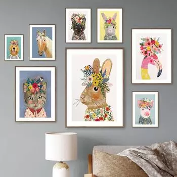 Медведь, кошка, гепард, панда, слон, кролик, цветы, настенная живопись на холсте, постеры на скандинавскую тему и принты, настенные панно, декор для детской комнаты 21x30cm No Framed