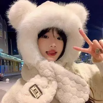 Медведь плюшевая шапка шарф интегрированная женская осень и зима корейская версия показывает маленькую и универсальную утолщенную теплую защиту для ушей шапка Lei Feng белый