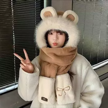 Медведь плюшевый красный шапка женская 2024 осень и зима шарф интегрированные милые перчатки теплый комплект из трех предметов average size красный