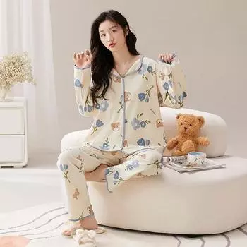 Медведь Синий Цветок Женский Пижамный Комплект Длинные Рукава Длинные Штаны Осень Зима Милый Кавайный Пижамы Пижамы Мягкие Пижамы Дамы Уютные M