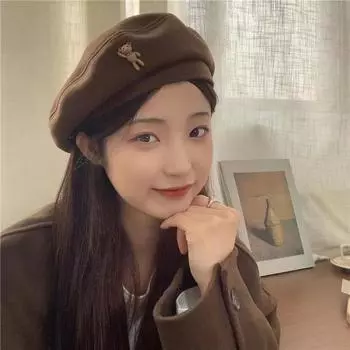 Медведь Японский Ретро Мультфильм Коричневый Шерстяной Берет Женская Шляпа Темперамент Художник Шляпа Мужская бежевый