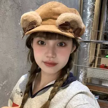 Медвежьи ушки мультфильм вельветовый берет женский осень и зима универсальный студент японский милый лик маленькая восьмиугольная шляпа M56—58cm