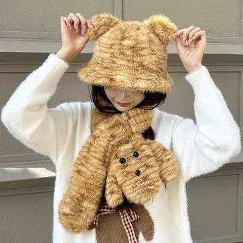 Медвежьи ушки плюшевые панамы зимняя шапка шарф комплект из двух предметов женский леопардовый принт защита шеи холодостойкий теплый шарф с рисунком из мультфильма