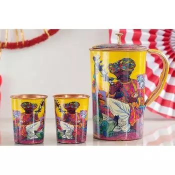 Meena Padharo Mhare Desh Theme Copper Gift Set of 1 Jug & 2 Glass - Perfect for Home, Office, and Gifting, Jug-1.5 Litre & Glass-270 ML Each