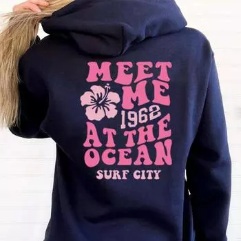 Meet Me At The Ocean Hoodie Ocean Beach Hooded Sweatshirt Retro California Aesthetic Vsco Hoodies with Back Printing Tumblr Tops S красный