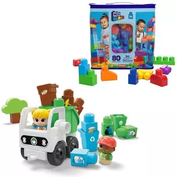 Mega Blocks Mega Blocks для детей от 1 года и старше, набор из 80 предметов, мусоровоз Изучите ЦУР с блоками, общим возрастом 87 лет и (МЕГА БЛОКИ) & ~ ~ [Блоки