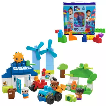 Мега Блоки (МЕГА БЛОКИ) Mega Blocks для детей от 1 года и старше. Набор из 80 штук, а также набор для создания транспортных средств и экодомов на природной энергии ~ Изучайте ЦУР с помощью блоков ~ [Всего
