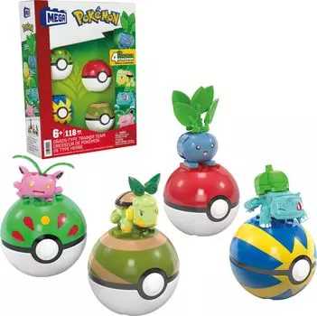 MEGA MEGA Pokemon Building Toy Set Grass Trainer Team 118 деталей 4 подвижных персонажа для детей ростом 2 дюйма