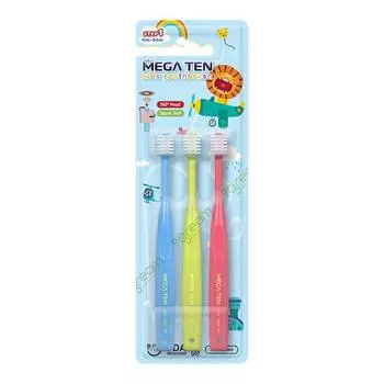 Megaten Kids 360 Детская зубная щетка Yu 1 ступень 3P, Лаймовый+Розовый+Синий, 1 комплект, 3 открытых