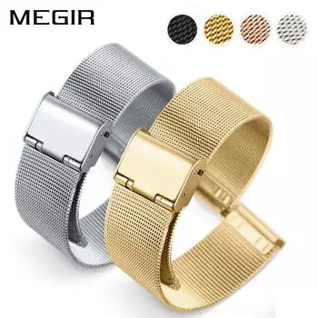 MEGIR 18 мм 20 мм 22 мм сетчатый ремешок для часов из нержавеющей стали, браслет