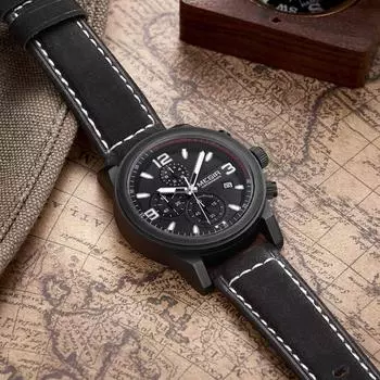 MEGIR Chronograph Элитный бренд кварцевые мужские часы модные кожаные спортивные часы мужские светящиеся армейские военные наручные часы чёрный