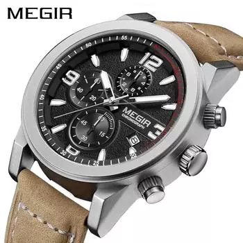 MEGIR модные спортивные часы мужские роскошные брендовые мужские кварцевые часы с хронографом кожаный ремешок армейские военные наручные часы 2026 коричневый/белый