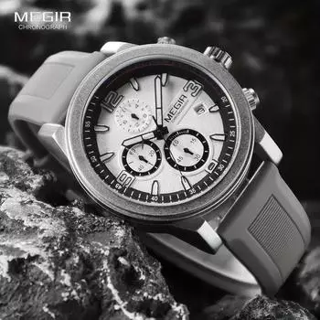 MEGIR Мужские серые спортивные часы - точный хронограф в стиле милитари - автоматическая дата со светящимися в темноте стрелками - прочный силиконовый ремешок 2026 чёрный