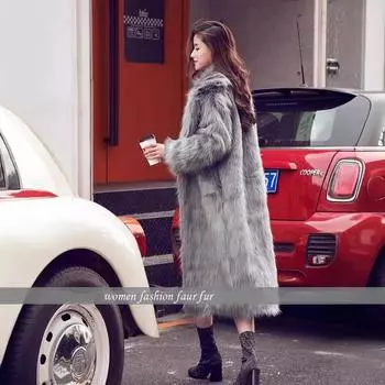 Мех 2024 осень и зима имитация пушистого женского пальто длинный тренчкот лисья шерсть теплая куртка S серый