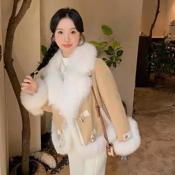 Мех 2024 зима новая замшевая цельнокожаная куртка из меха лисы женская короткая с подкладкой из гусиного пуха молодая S хаки