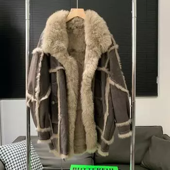 Мех кролика, новый натуральный мех, куртка с большим меховым воротником, интегрированный мех, длинная тонкая и теплая женская одежда больших размеров XS (up to 60kg) хаки