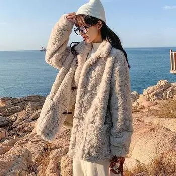 Мех Новое Молодежное Модное Среднее и Длинное Пальто Шерсть Кролика Рекс Шерсть Ягненка Пальто Женское S слоновая кость