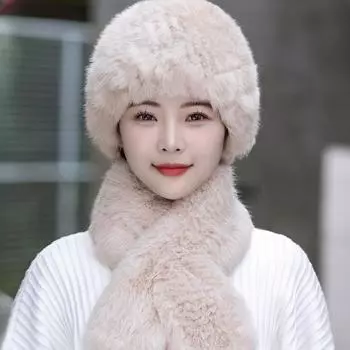 Мех снежного кролика, шапка интернет-знаменитости, шарф, утепленные утепленные кожаные наушники для защиты ушей на осень и зиму, комплект для защиты шеи, мужская и женская одежда Han Chao Hat Only чёрный
