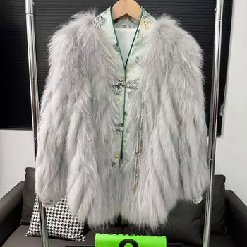 Мех в китайском стиле, новое меховое пальто в китайском стиле, короткое ретро-пальто из меха енота one size fits all белый
