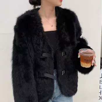 Мех встряхнуть быстро взрыв новый тосканский овчина интегрированный женский короткий пальто свободный силуэт one size fits all чёрный