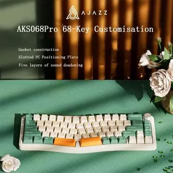 Механическая клавиатура AJazz AKS068pro Эргономичная трехрежимная прокладка Структура Комплект решений VIA Готовый продукт sea salt switch зелёный/оранжевый