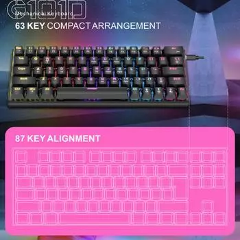 Механическая клавиатура, проводная игровая клавиатура с подсветкой и цветной подсветкой, 63 клавиши для офиса чёрный