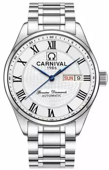 Механические часы CARNIVAL с календарем 8667G-2 для мужчин, день/дата (Белый/Серебристый/Металлический) [Элемент]
