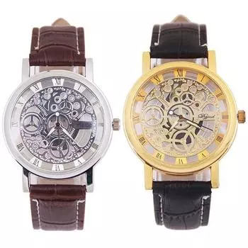 Механические часы Мужские деловые часы скелетон с полым кожаным ремешком золотой/чёрный
