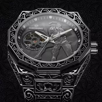 Механические часы Royal Knight с полым механизмом, мужские ретро-часы из нержавеющей стали, модные и персонализированные часы с ночной подсветкой чёрный