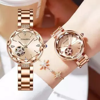 Механические часы с пятиконечной звездой, легкие роскошные женские водонепроницаемые автоматические механические часы с инкрустацией из циркония и бриллиантов розового золота