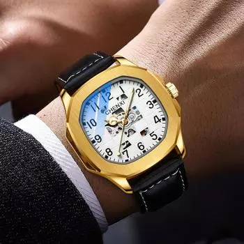 Механические часы с турбийоном, модные деловые часы, мужские кожаные светящиеся наручные часы