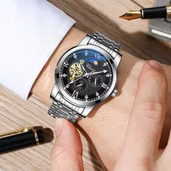 Механические часы Светящийся стальной ремень Мужские наручные часы с автоматической обмоткой синий