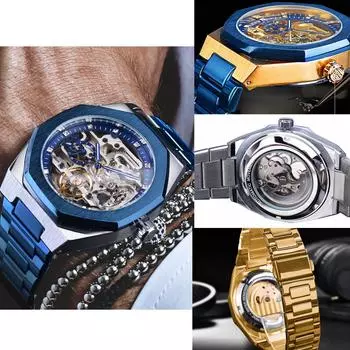 Механические часы Tourbillon Skeleton в стиле стимпанк, мужские наручные часы, водонепроницаемые, автоматические, деловые, роскошные чёрный/серебряный