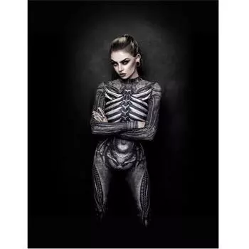 Механический киберпанк комбинезон женский мужской комбинезон на молнии Zentai 3D боди Хэллоуин скелет косплей костюм эластичный комбинезон S