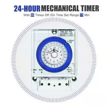 Механический таймер на 24 часа с батареей, интервалы 15 минут, кнопки, без сбоев питания, 100–240 В, 15 А белый