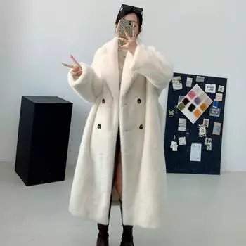 Меховая цельная шуба средней длины с воротником из искусственной норки для женщин S белый