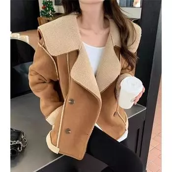 Меховая интегрированная искусственная шуба зимняя новая искусственная овечья шерсть большой воротник лацкан бархатный локомотив костюм женский S хаки