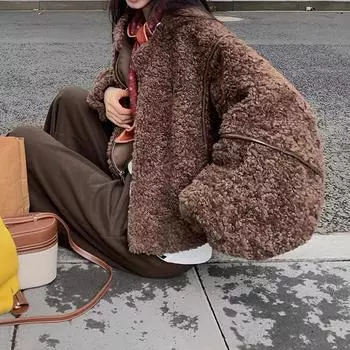 Меховая интегрированная меховая куртка женская зимняя новая утолщенная повседневная свободная маленькая короткая верхняя часть с круглым вырезом S