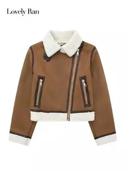 Меховая интегрированная толстая теплая куртка женская из овечьей шерсти на молнии с отложным воротником женское пальто 2023 осень-зима карманное женское мото пальто XS коричневый