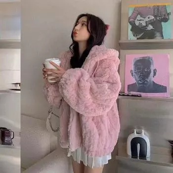 Меховая куртка осень и зима женская искусственный мех кролика с капюшоном тканая толстая корейская версия свободный крой женская верхняя одежда S розовый