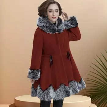 Меховая куртка женская 2024 новая зимняя одежда, иностранный стиль, талия и тонкая средняя и длинная с капюшоном имитация норки шуба, для среднего и пожилого возраста S бордовый