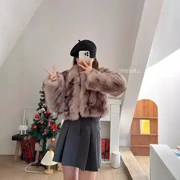 Меховая куртка женская экологически чистая мех лисы тока модная ретро милая крутая роговая пряжка короткая леопардовая куртка с имитацией меха S хаки