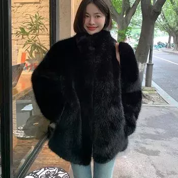Меховая куртка женская искусственная лисья шерсть черная зимняя новая воротник-стойка экологически чистый мех меховое пальто высокого класса средней и длинной длины S (recommended 80-55kg)