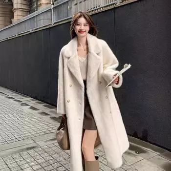 Меховая куртка Женская куртка из искусственного меха норки с воротником и поясом Длинная шуба Плюшевая куртка S