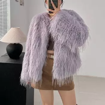 Меховая куртка женская модная теплая имитация лисьего меха енота короткая экологически чистая шерстяная шуба русская S фиолетовый